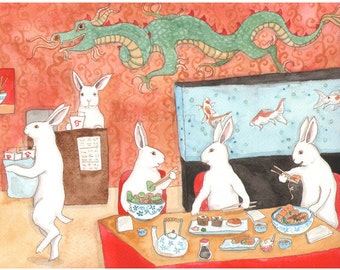 Fine Art Rabbit Print - Sushi and Noodles