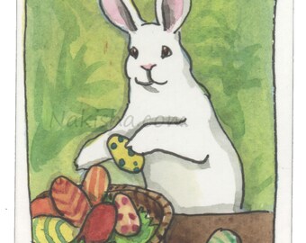 Colorful Eggs - Original Watercolor Rabbit Painting - ACEO