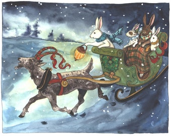 Original Painting - Sleigh Ride - Watercolor Art, One of a Kind Painting, Painted by Hand, Goat Pulling a Sleigh, Rabbits in Winter, OOAK