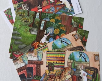 Additional Tea Postcard Sets - Okapi, Tortoise and Jaguar -Tea With Rabbit Series - Art Postcards of Cute Paintings, Rabbit, Cute Animals