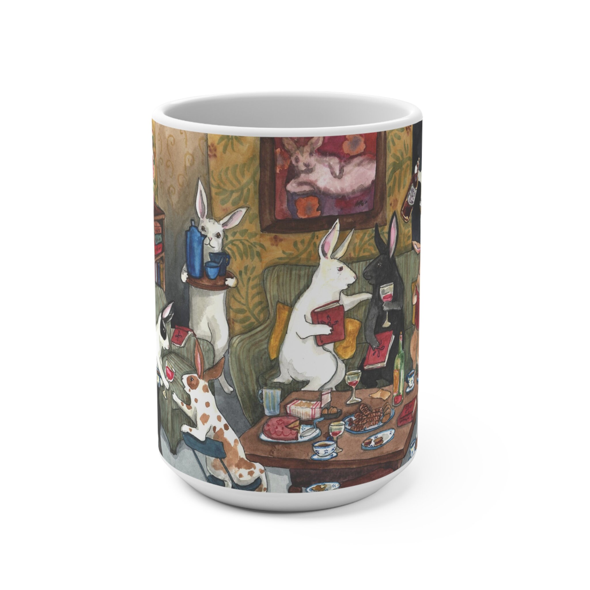 Book Club - Große Keramik 15 Unzen Kaffeetasse mit einem Aquarell von Kaninchen auf einer Buchleseparty, Geschenk für den Buchleser, Häschenliebhaber