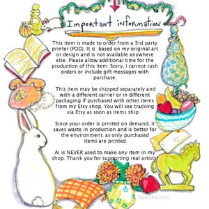 May include: A whimsical illustration with the text "Important information." The image features a white rabbit, a vintage telephone, a fruit basket, and other decorative elements. The text explains the item is made to order and supports real artists.