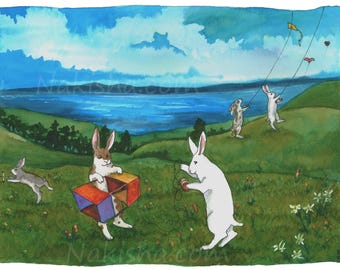 May include: A watercolor painting of five white rabbits playing with kites in a field. The rabbits are wearing colorful clothes and have different expressions on their faces. The sky is blue and there are clouds in the background. The field is green and there are flowers growing in it.