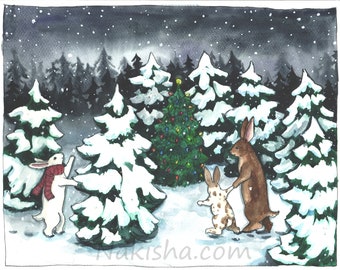 Winter Trees - Fine Art Print - Rabbit Art Illustration, Cute Holiday Art, Winter Landscape with Christmas Tree in Snow with Bunnies, Animal