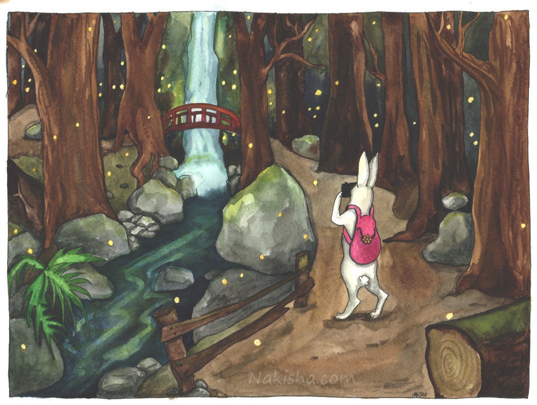 Scenery Waterfall With Rabbit Woodland Waterfall - Fine Art Print - Rabbit Art, Woodland Wall Art ...