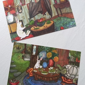 Ensembles de cartes postales - Thé avec tortue et thé avec renard volant - Série Thé avec lapin - Cartes postales artistiques représentant de jolies peintures, *Plus que quelques-unes !