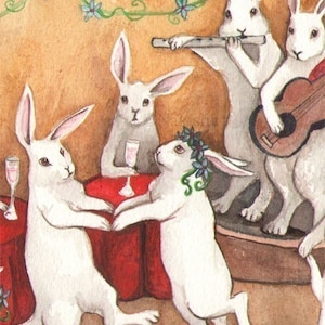 Dancing Rabbits Fine Art Print Cute Animal Art, Wedding, Celebration, Dance, Musical Rabbits, Hand made Art, White Bunny Illustration image 2