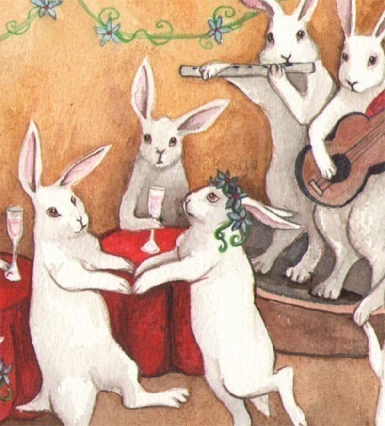 Dancing Rabbits Fine Art Print Cute Animal Art, Wedding, Celebration, Dance, Musical Rabbits, Hand made Art, White Bunny Illustration image 2