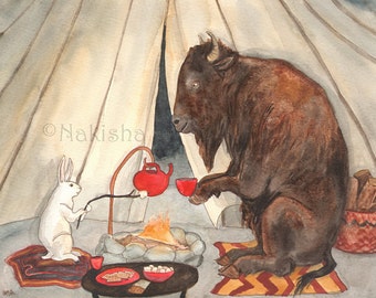 Tea with Buffalo - Fine Art Rabbit Print