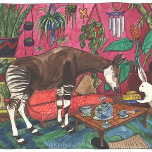 Original Painting - Tea with Okapi - Watercolor Art, One of a Kind, Hand Painted Original, Watercolor on Paper, White Rabbit having Tea