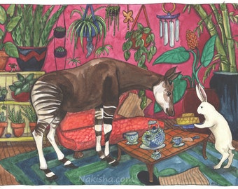Original Painting - Tea with Okapi - Watercolor Art, One of a Kind, Hand Painted Original, Watercolor on Paper, White Rabbit having Tea