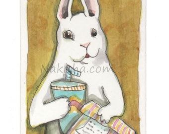 Fast Food - Original Watercolor Rabbit Painting - ACEO