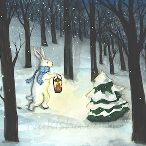 Winter Solstice - Fine Art Print -Rabbit Art Illustration, Cute Bunny in the Snowy Woods with a Lantern, From Original Watercolor, Bunny Art
