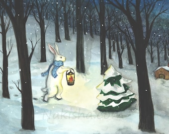 Winter Solstice - Fine Art Print -Rabbit Art Illustration, Cute Bunny in the Snowy Woods with a Lantern, From Original Watercolor, Bunny Art