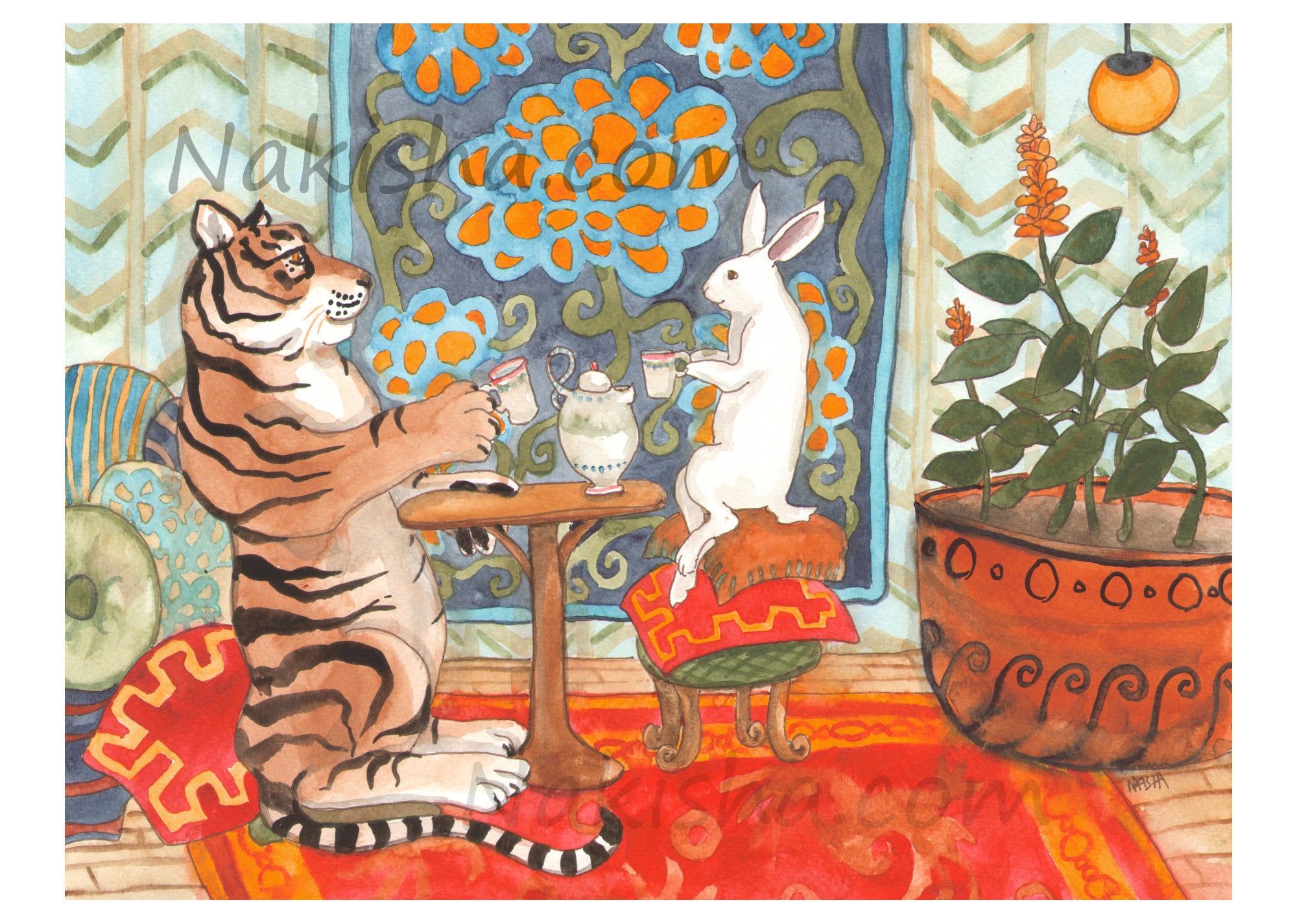 Tea With Tiger - Fine Art Rabbit Print - Animal Wall Art, Tiger