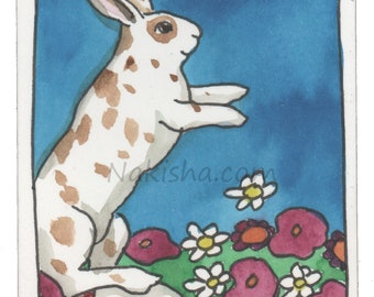 April Flowers - Original Watercolor Rabbit Painting - ACEO