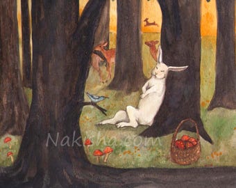 Mushrooms and a Nap- Large Size, Sweet Woodland Illustration of a White Rabbit Sleeping in the Forest While Picking Mushrooms, Signed Art