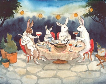 The Garden Party - Fine Art Rabbit Print- Cute bunny Rabbit Watercolor Painting, Animal Wall Art, Garden Dining at Dusk, Sleeping Baby Bun
