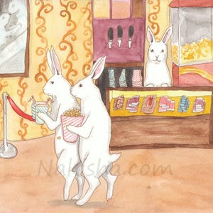 Fine Art Print - Rabbits - At the Movies, Cute Romantic Rabbit Art, Two Bunnies in a Movie Theater, Original Fun Movie Lover Art, Signed