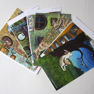Popular Bunnies Postcard Sets - 8 Designs of Unique Rabbit Art, Bunnies Reading, Original Rabbit Paintings Art Cards, Bunny Lover Gift Cards
