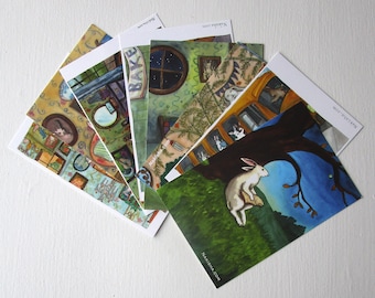 Popular Bunnies Postcard Sets - 8 Designs of Unique Rabbit Art, Bunnies Reading, Original Rabbit Paintings Art Cards, Bunny Lover Gift Cards