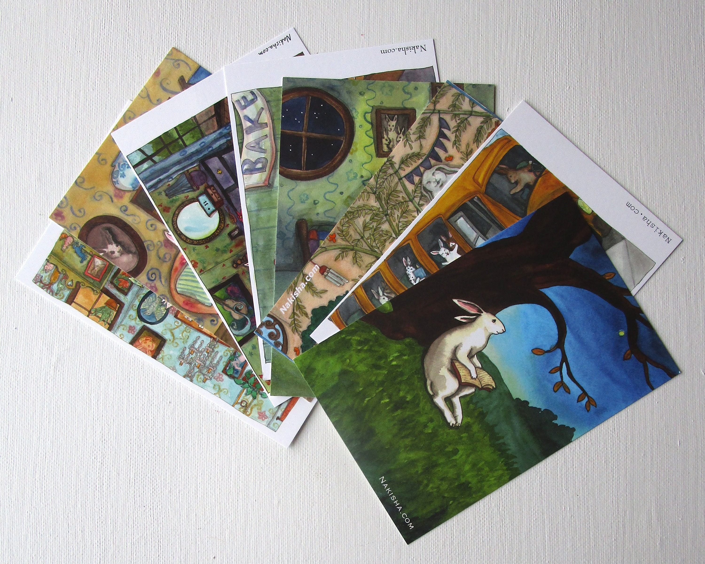 Popular Bunnies Postcard Sets - 8 Designs of Unique Rabbit Art, Bunnies Reading, Original Rabbit Art Cards, *Limited Number Available