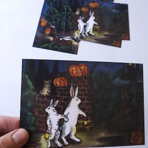 お化け屋敷 - アートポストカード6枚セット、面白いウサギのアート、水彩画、ハロウィンカード、不気味なジャック・オー・ランタン、猫のアート