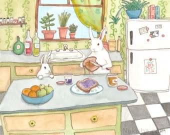 PB & J - Fine Art Print - Rabbits in the Kitchen, Making Sandwiches, Bunny Lover Art, Peanut Butter and Jelly,  White Rabbits, Watercolor