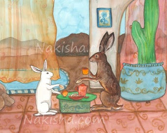 Tea with Jack Rabbit - Fine Art Rabbit Print from Original Watercolor Painting- Tea Series - White Bunny having Tea with Desert Jack Rabbit