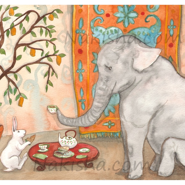 Tea with Elephant - Fine Art Rabbit Print, Cute Animal Art From Painting, White Rabbit and Asian Elephant having Tea, Signed Art Print, Fun