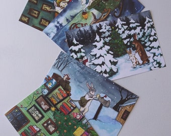 Winter Holiday Postcards Set- Snow Delivery, Christmas, Solstice, Winter Greetings, Cute and Fun Bunny Rabbits in Snow and Decorations, Art