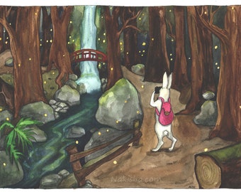 Original Painting - Woodland Waterfall - Hand Painted Watercolor Art, One of a Kind Wall Art, Cute Rabbit Taking Photos, Woods and Fireflies