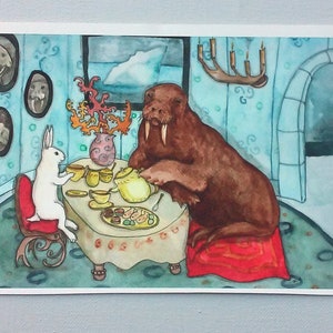 Tea with Walrus Fine Art Rabbit Print, White Rabbit and Walrus having Tea, Arctic Animal Art, Cute Original Watercolor Print, Fun, Unique image 6