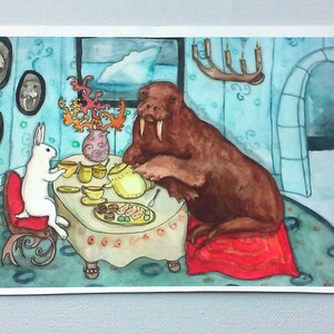 Tea with Walrus Fine Art Rabbit Print, White Rabbit and Walrus having Tea, Arctic Animal Art, Cute Original Watercolor Print, Fun, Unique image 2