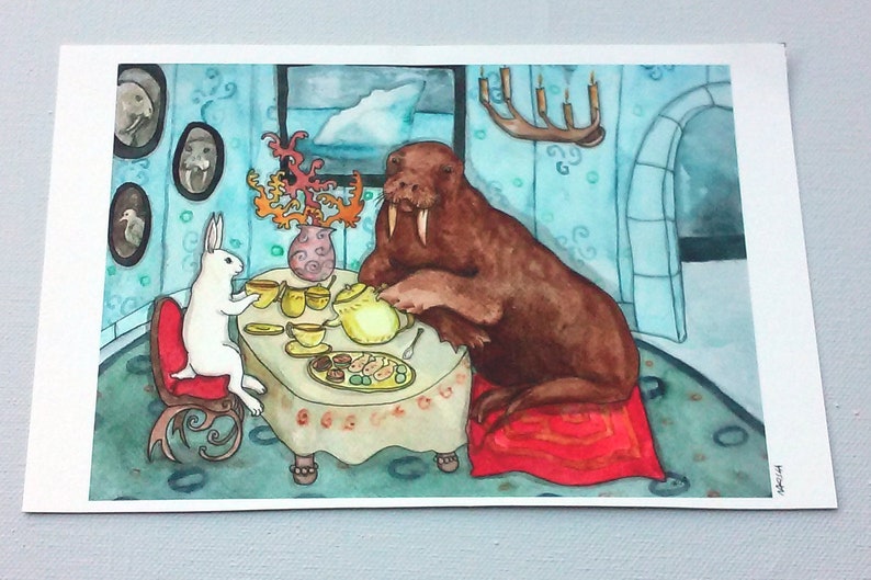 Tea with Walrus Fine Art Rabbit Print, White Rabbit and Walrus having Tea, Arctic Animal Art, Cute Original Watercolor Print, Fun, Unique image 2