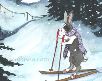 Ski Bunny - Fine Art Print - Rabbit Art, Bunny Wall Art, Skiing Gift Idea, Cute Dutch Rabbit on Skis, Winter Wonderland Painting, Snow