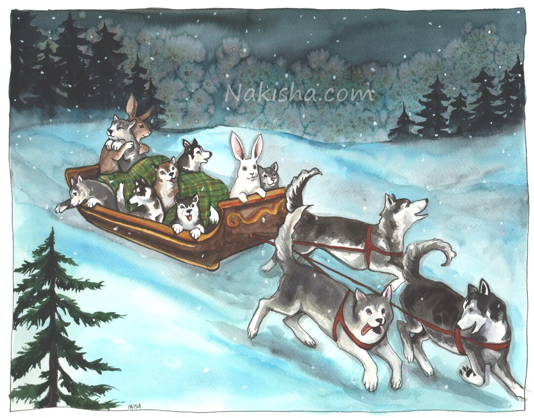Dog Sled - Fine Art Print - Rabbit Art Illustration, Cute Husky Sled ...