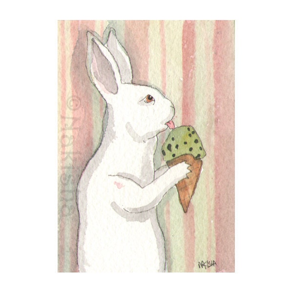 Original Watercolor Rabbit Painting - Mint Chip - ACEO