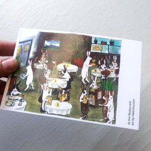 At the Restaurant - Set of Six Art Postcards, Art Cards, Original Art Painting, Cute Rabbit Bunny, Postcrossing Cards, Food & Drink, Animals