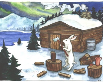 Chopping Wood - Fine Art Print - Rabbit Art Illustration