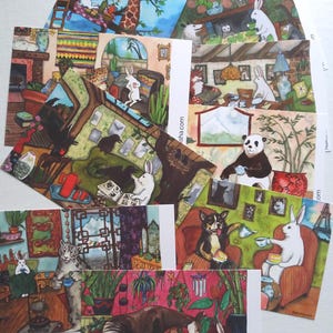 Lot de deux - Ensembles de cartes postales thé avec lapin - opossum, girafe, renard, frenchie, okapi, corbeaux, Jack Rabbit, panda, jaguar, léopard des neiges, peintures