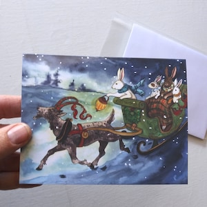 Sleigh Ride - Blank Greeting Card - Christmas, Winter Holidays, New Years, Solstice - Set of Three