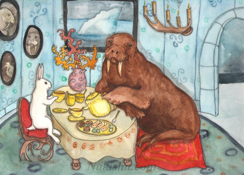 a unique watercolor painting of a large walrus having tea with a white rabbit, by artist Nakisha, as a fine art print.