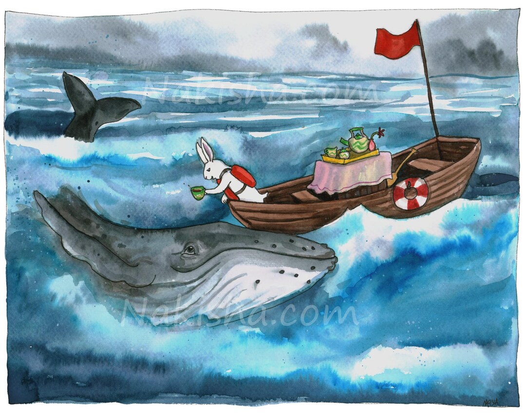 Original Painting - Tea With Whale - Watercolor Rabbit Art, Hand ...