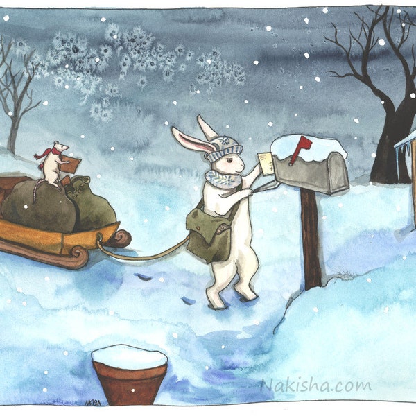 Winter Delivery -Fine Art Print -From Original Watercolor Painting of a White Rabbit Delivering Mail with a Rat Friend, Cute Winter Snow Art