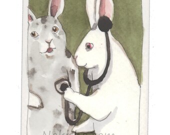 Say Ah! - Original Watercolor Rabbit Painting - ACEO
