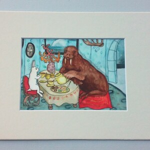 Tea with Walrus Fine Art Rabbit Print, White Rabbit and Walrus having Tea, Arctic Animal Art, Cute Original Watercolor Print, Fun, Unique image 5