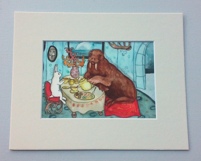 Tea with Walrus Fine Art Rabbit Print, White Rabbit and Walrus having Tea, Arctic Animal Art, Cute Original Watercolor Print, Fun, Unique image 5