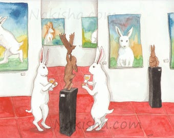 Art Gallery Opening - Fine Art Print from Original Watercolor Painting - Rabbits Looking as Paintings and Sculpture, Art Lover Gift, Cute