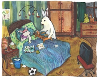 Home Sick - Fine Art Print - Rabbit Art Illustration, Cute Animal Watercolor Painting by Nakisha. Children's Room Art, Get Well Gift, Unique